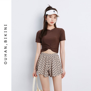 2026年美拉德ins风小胸聚拢高腰遮肚显瘦平角保守温泉分体泳衣女