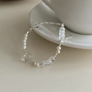 S925银K9水晶淡水珍珠碎银手链女轻奢小众精美简约新爆款闺蜜首饰