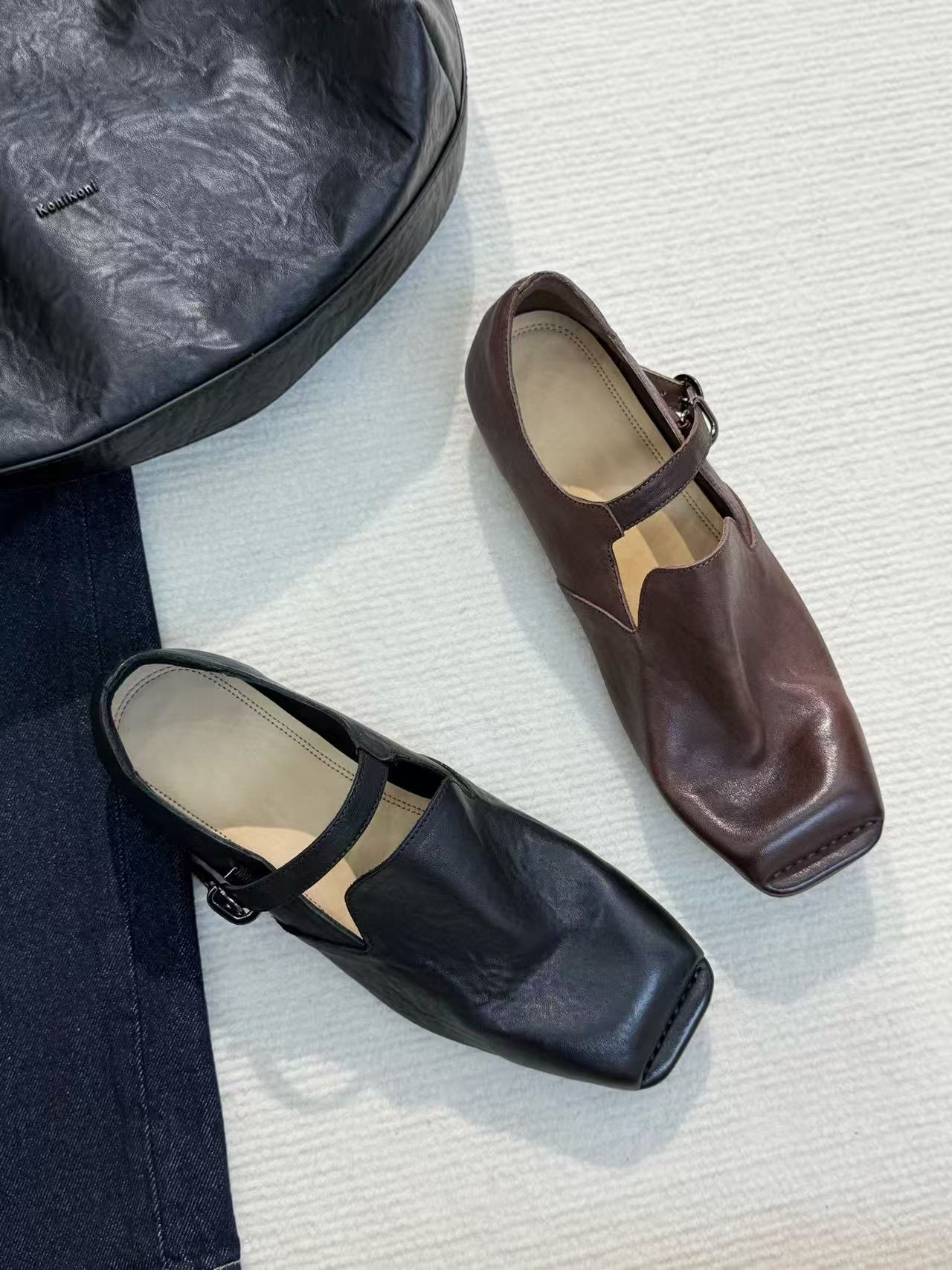 水洗牛皮复古女鞋2025新款韩系手工褶皱玛丽珍小皮鞋方头低跟单鞋