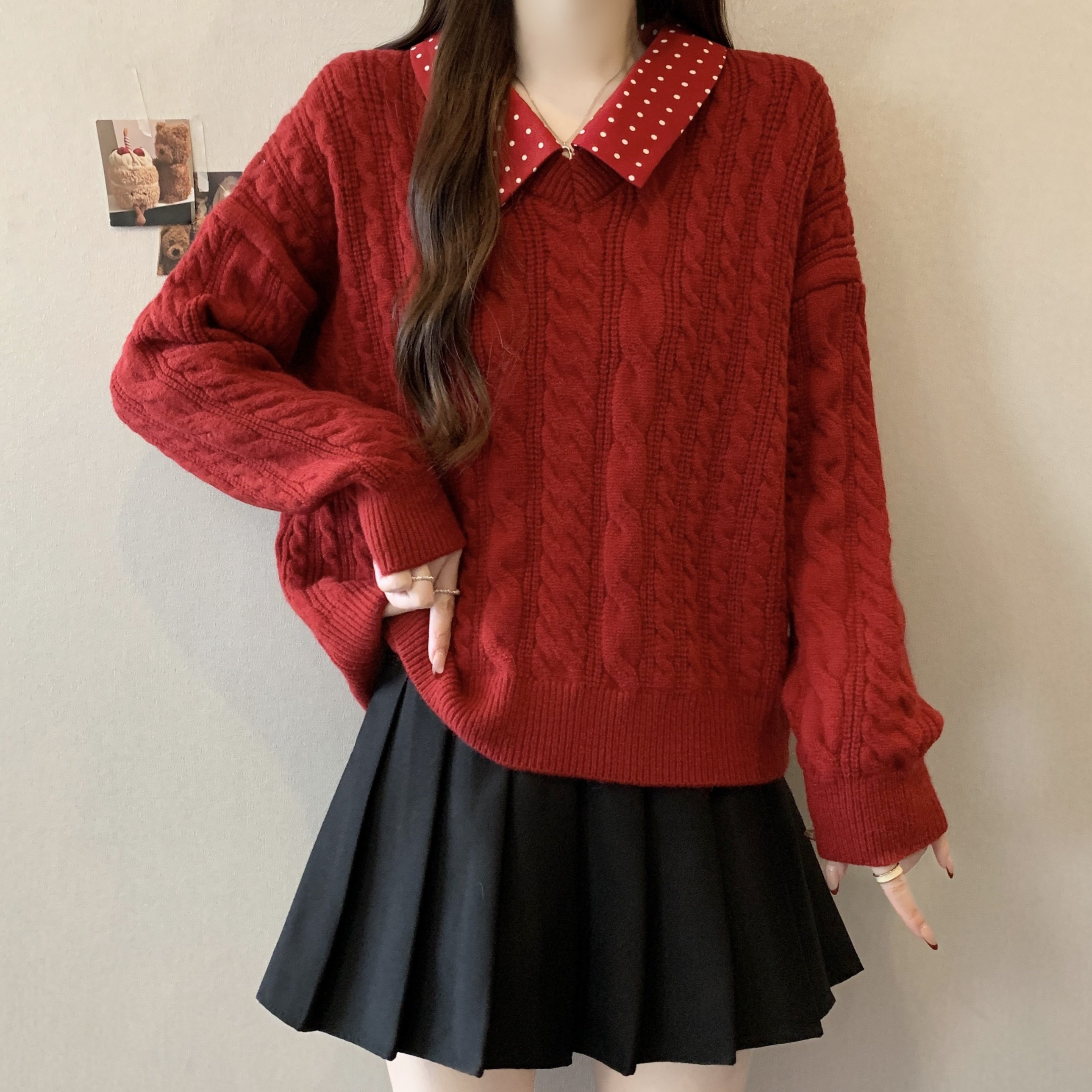 实拍~大码秋冬新款红色波点假两件polo领套头宽松显瘦针织衫毛衣,女装/女士精品,大码内搭,淘宝优惠券,粉丝福利购,淘宝优惠卷