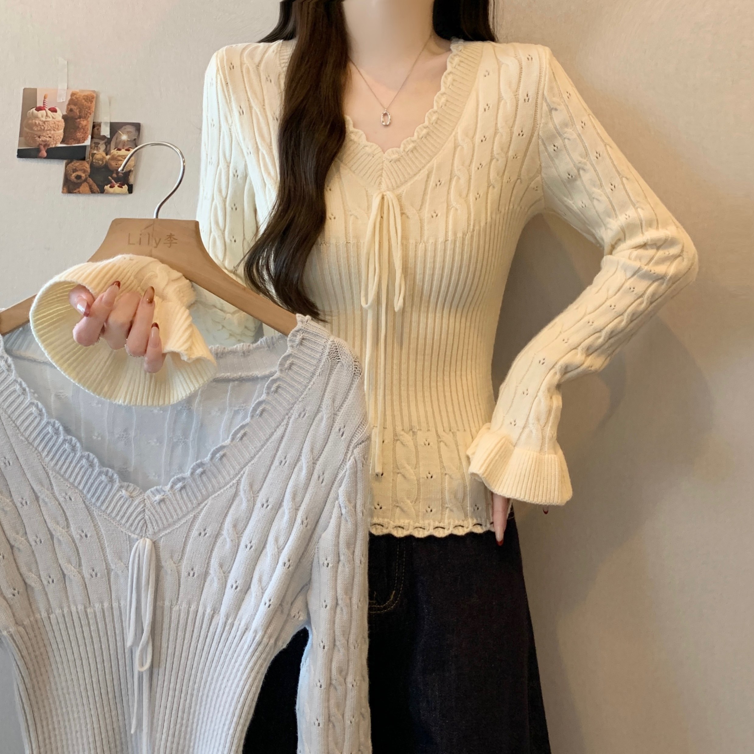 实拍~大码镂空肌理v领绑带荷叶袖纯欲风收腰显瘦毛衣针织上衣,女装/女士精品,大码内搭,淘宝优惠券,粉丝福利购,淘宝优惠卷