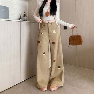 实拍 春季新款美拉德卡其色弯刀牛仔裤女高腰显瘦宽松阔腿裤子