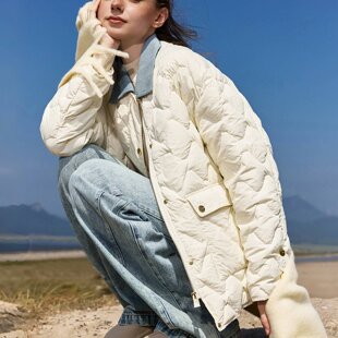 官图牛仔翻领棉服女2025秋冬新款白色保暖短款时尚轻便外套