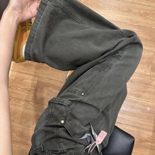 军绿色宽松阔腿工装牛仔裤女秋季新款美式复古高腰显瘦垂感拖地裤
