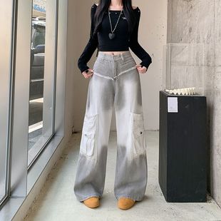 实拍实价~工装牛仔裤女秋季新款宽松显瘦渐变设计感毛边阔腿裤潮