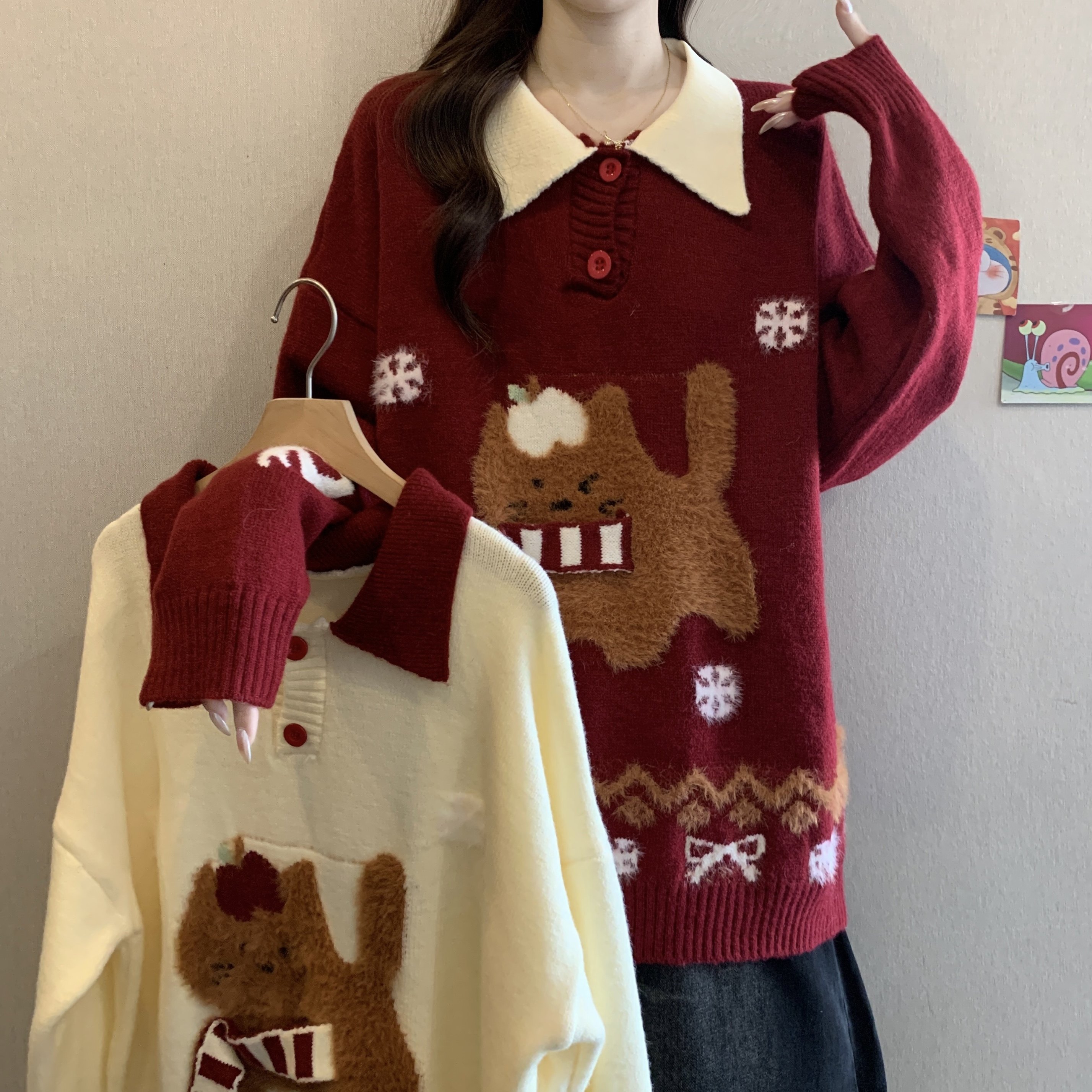 圣诞氛围感围巾小狗撞色polo领毛衣女冬新款胖MM复古减龄显瘦上衣,女装/女士精品,大码内搭,淘宝优惠券,粉丝福利购,淘宝优惠卷