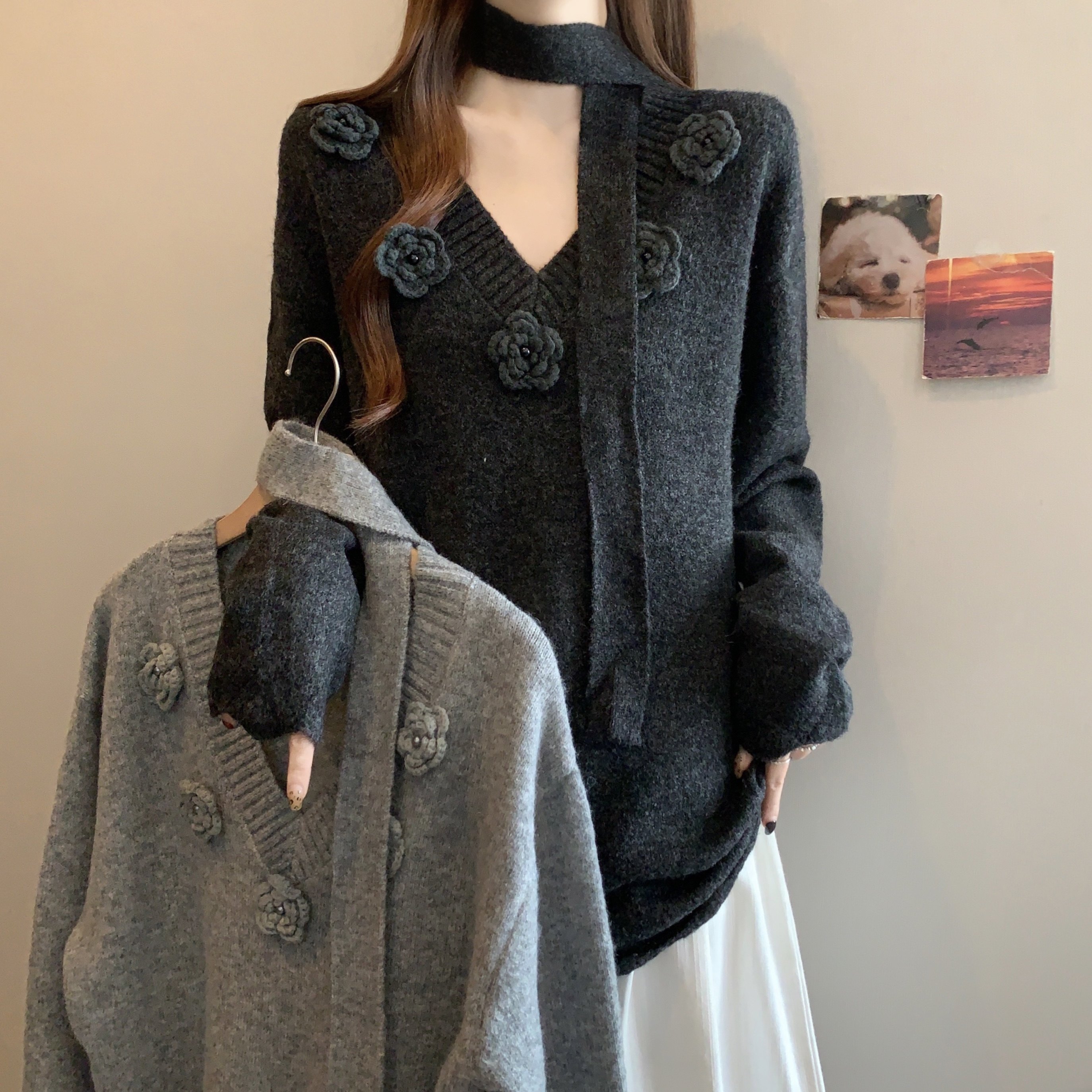 实拍~大码秋冬毛衣外套女宽松显瘦慵懒风立体花朵长袖套头V领上衣,女装/女士精品,大码内搭,淘宝优惠券,粉丝福利购,淘宝优惠卷