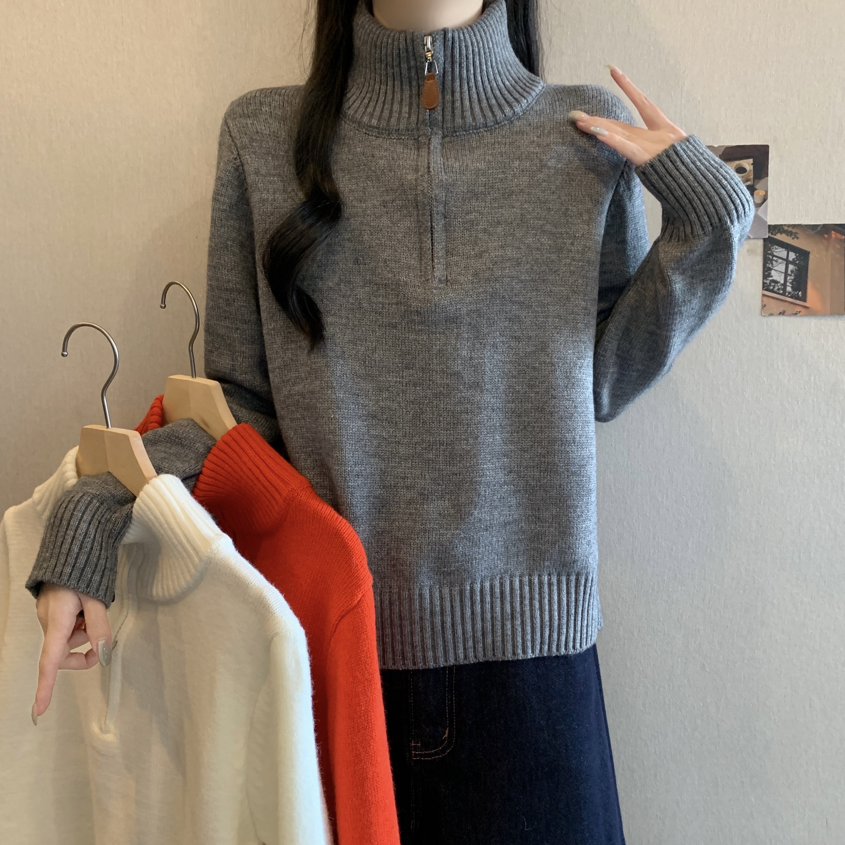 高级灰半拉链立领针织羊毛衫女长袖2025新款巨好看的冬装内搭上衣,女装/女士精品,大码内搭,淘宝优惠券,粉丝福利购,淘宝优惠卷