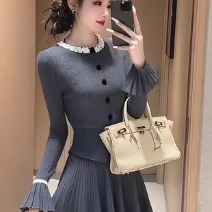 小香风灰色套装女2025年新款秋季女神范穿搭针织上衣半身裙两件套