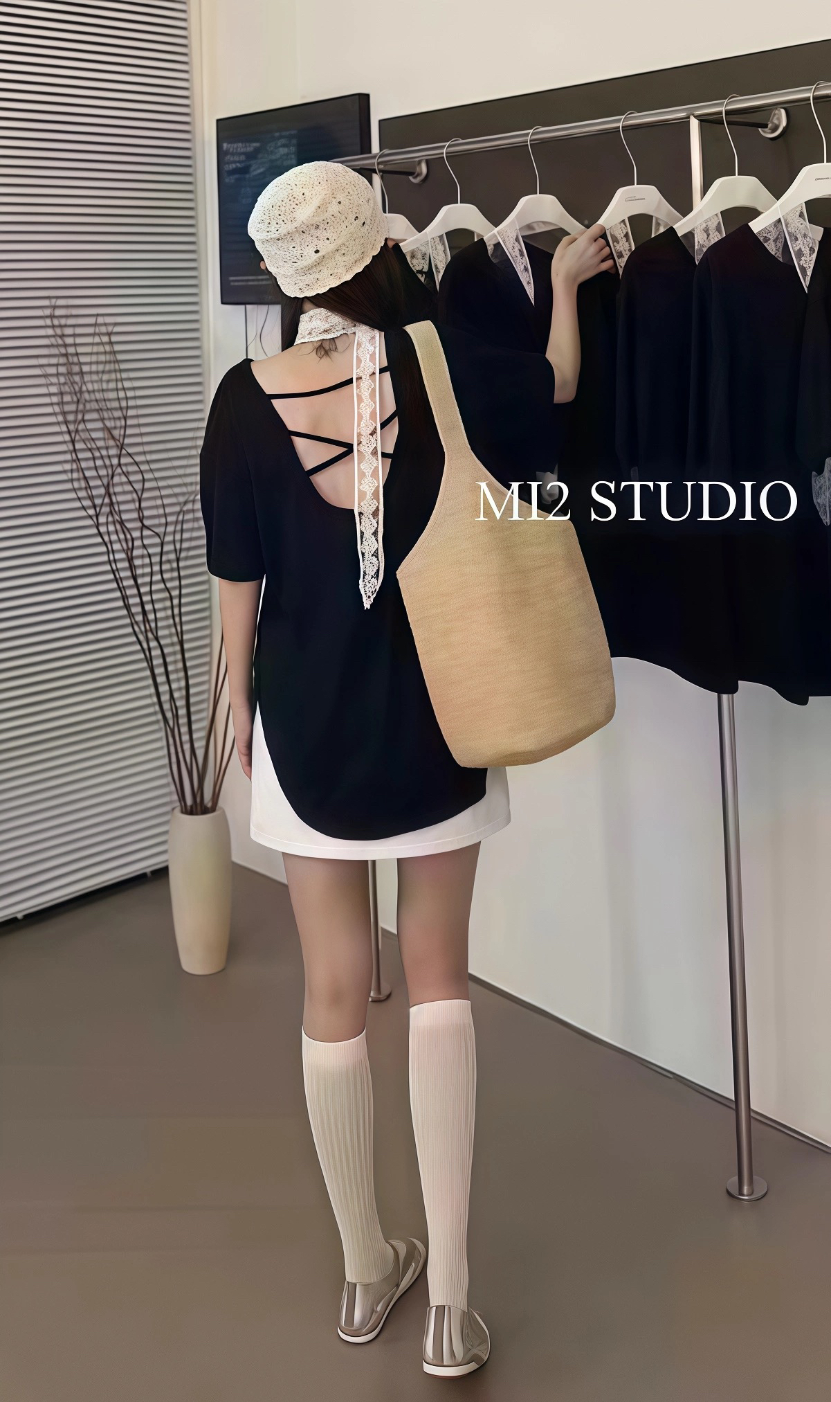 2025夏新款女露背交叉绑绳宽松大版短袖T恤蕾丝飘带胖mm显瘦5901