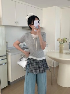 不規則針織短款 2025夏季 新款 女韓系假兩件v領正肩短袖 T恤023 修身