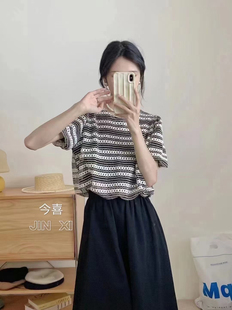 泡泡袖 2025夏季 新款 女復(fù)古氣質(zhì)設(shè)計(jì)感小眾條紋針織衫 上衣8019 短袖
