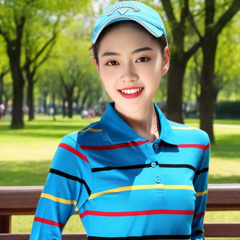 条纹长袖女T恤翻领纯棉秋季打底衫外穿三颗扣休闲上衣POLO衫体恤