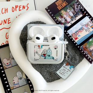 地壳说机器人之梦苹果耳机壳适用AirPods1/2/3/4/pro/pro2/3磨砂透方形银框二合一站立保护套软壳搭配挂饰