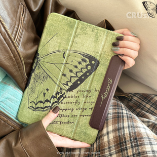 地壳说原创复古蝴蝶适用苹果iPad磁吸保护套pro11air4/5/6/7笔槽平板壳第10/11代保护壳12.9带搭扣艺术手绘13