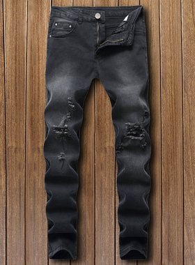 欧美FOG潮流膝盖破洞牛仔裤男高街弹力男生修身小脚裤黑色乞丐裤