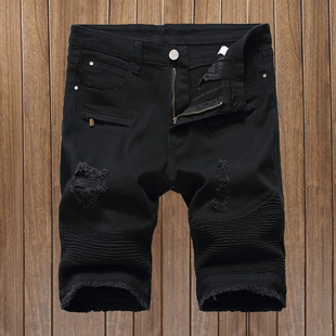 马裤 欧美男士 JEANS弹力五分裤 高街BIKER 潮 褶皱直筒破洞牛仔短裤