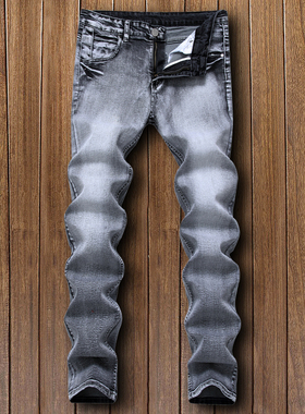 秋冬潮流男士高街弹力修身牛仔裤韩版青年休闲小脚裤灰色怀旧潮裤