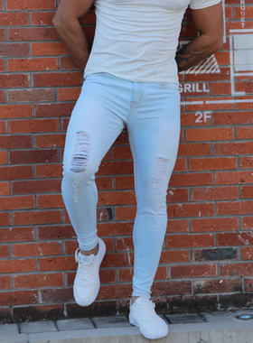 原创欧美高街破洞牛仔裤男士休闲修身长裤潮流FOG小脚裤高弹浅蓝