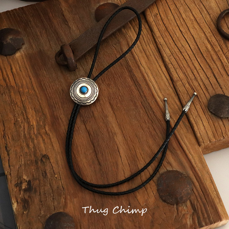 Vintage925纯银复古康桥财布扣印第安纳瓦霍休闲Bolo Tie波洛领带