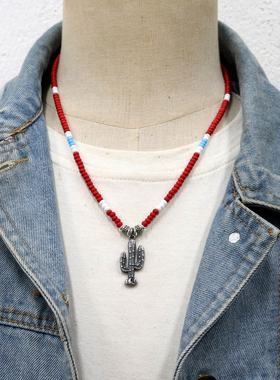 原创设计925纯银仙人掌吊坠美式西部牛子日潮复古琉璃珠男女项链