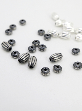 925纯银直纹橄榄珠散珠印第安纳瓦霍飞碟珠算盘珠DIY手工复古银珠