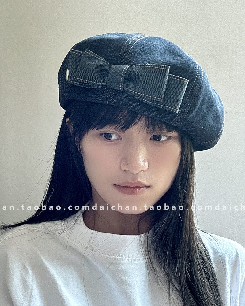 代小婵日系大蝴蝶结牛仔贝雷帽