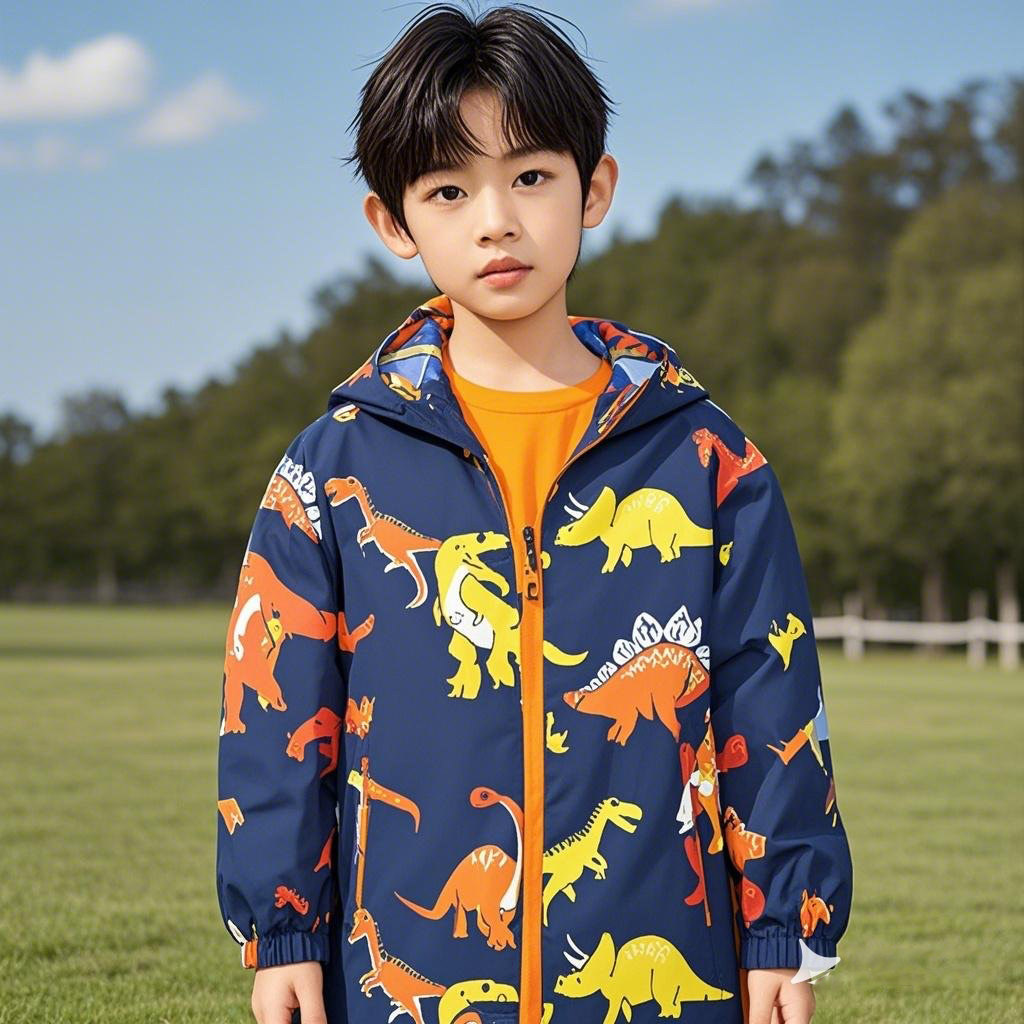 春秋款男童冲锋衣防风防水卡通恐龙休闲连帽加绒薄款儿童外套夹克