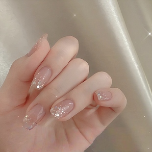 美甲尽头清纯简约裸粉细闪渐变碎钻美甲手工定制穿戴甲