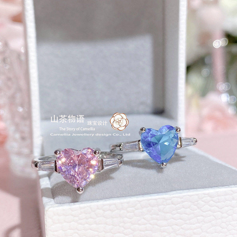 Camellia简约时尚爱心宝石戒指女 镀18K金微镶公主粉爱心百搭指环