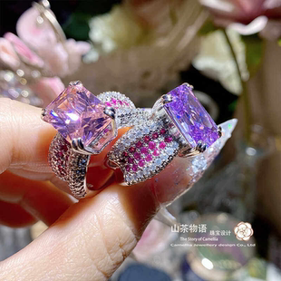 山茶新品奢华豪镶高碳粉钻仿真珠宝戒指 富婆的快乐卢比来大钻戒