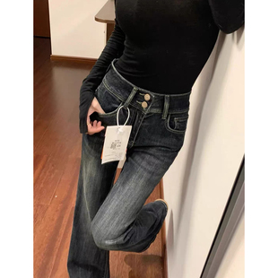 美式复古双扣微喇叭牛仔裤女加绒秋冬2026新款高腰弹力显瘦马蹄裤