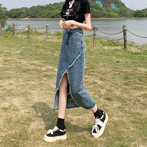 开叉牛仔裙半身裙女中长款包臀