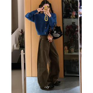 显瘦宽松阔腿拖地裤 美式 2026新款 女春夏春季 复古棕咖色弯刀牛仔裤