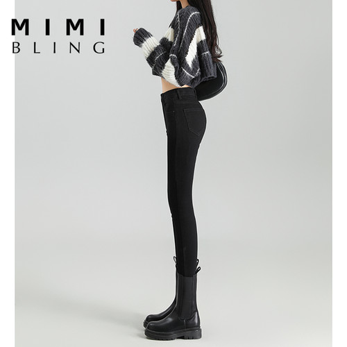 黑色紧身牛仔裤女高腰弹力铅笔裤