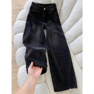 复古弯刀阔腿牛仔裤女加绒秋冬2025新款宽松高腰垂感百搭拖地裤子