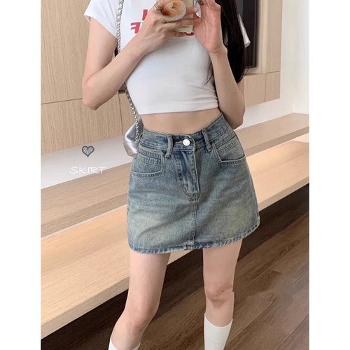 美式防走光复古牛仔半身裙女