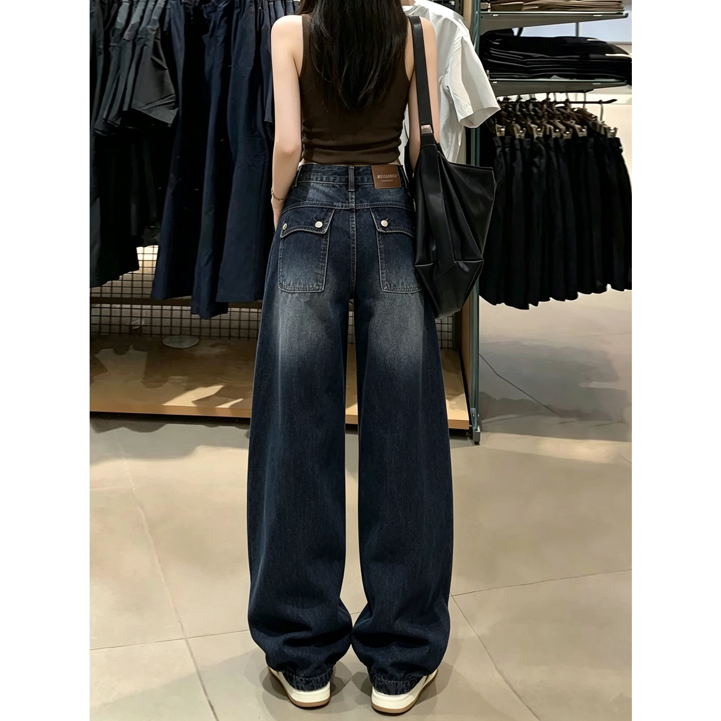 蓝灰色超火弯刀牛仔裤女阔腿裤图片