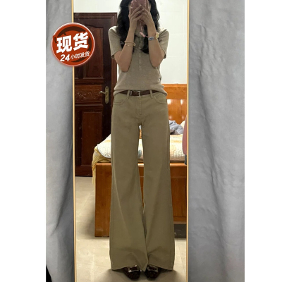 卡其色微喇叭不贴腿牛仔裤长裤子