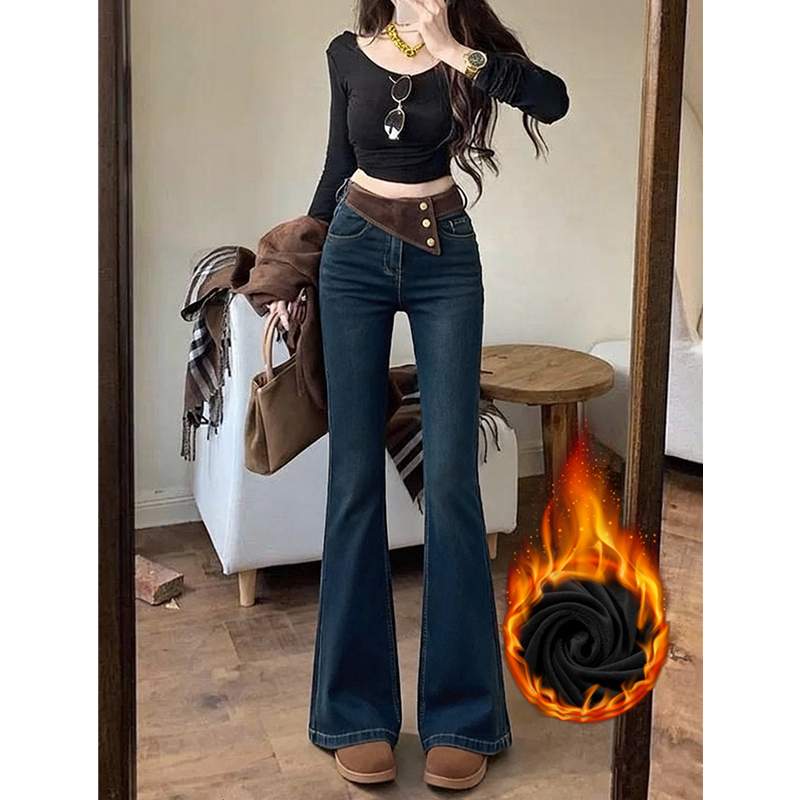 微喇拖地裤喇叭裤女修身高腰牛仔