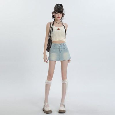 高腰牛仔短裙裤a字小个子半身裙