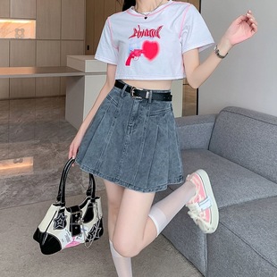 灰色牛仔半身裙女春季秋冬2026年新款高腰百褶短裙防走光a字裙裤