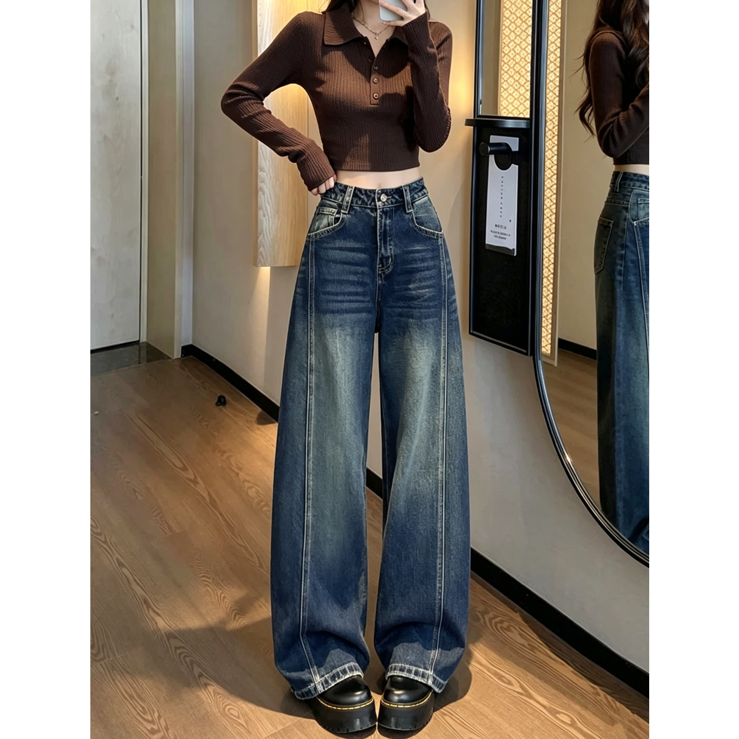 超火弯刀牛仔裤女遮肉镰刀阔腿裤图片
