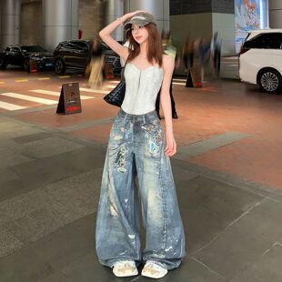 AC风格3D打印链条泼墨牛仔裤男女秋冬春季2026美式宽松休闲阔腿裤