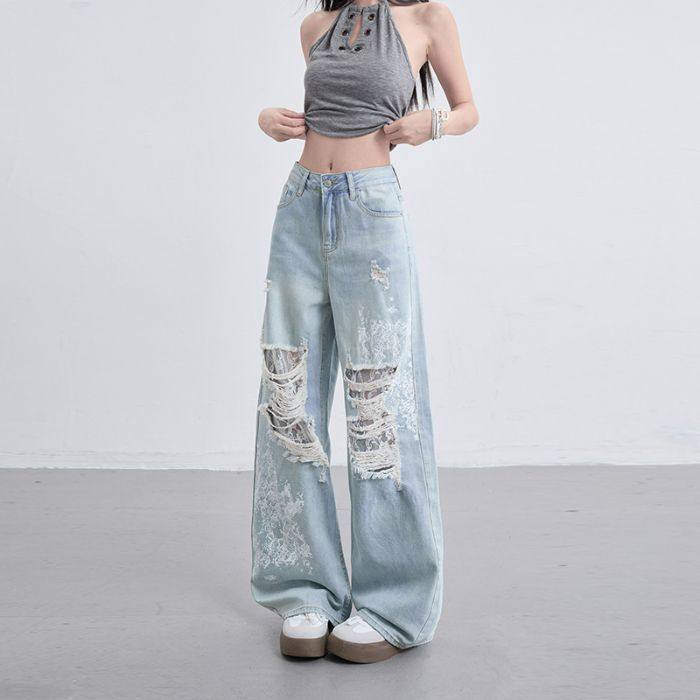 浅蓝破洞蕾丝阔腿牛仔裤女秋冬秋季2025年新款设计感宽松直筒裤子,女装/女士精品,牛仔裤,淘宝优惠券,粉丝福利购,淘宝优惠卷