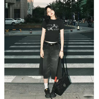 黑色牛仔七分裤女宽松五分直筒裤