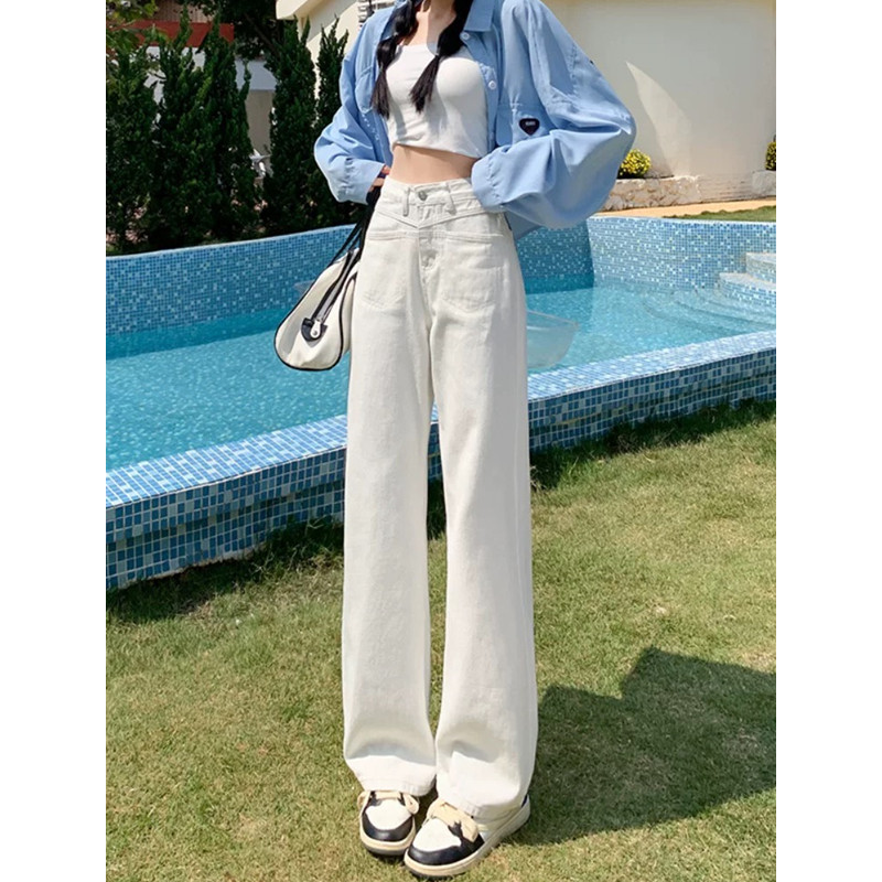 米白色窄版阔腿牛仔裤女秋季秋冬2025新款高腰宽松小个子直筒裤子,女装/女士精品,牛仔裤,淘宝优惠券,粉丝福利购,淘宝优惠卷