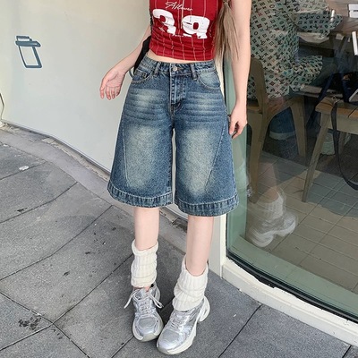 复古辣妹五分牛仔短裤女直筒阔腿