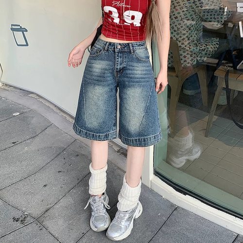 复古辣妹五分牛仔短裤女直筒阔腿
