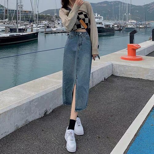 开叉牛仔半身裙女包臀牛仔裙子